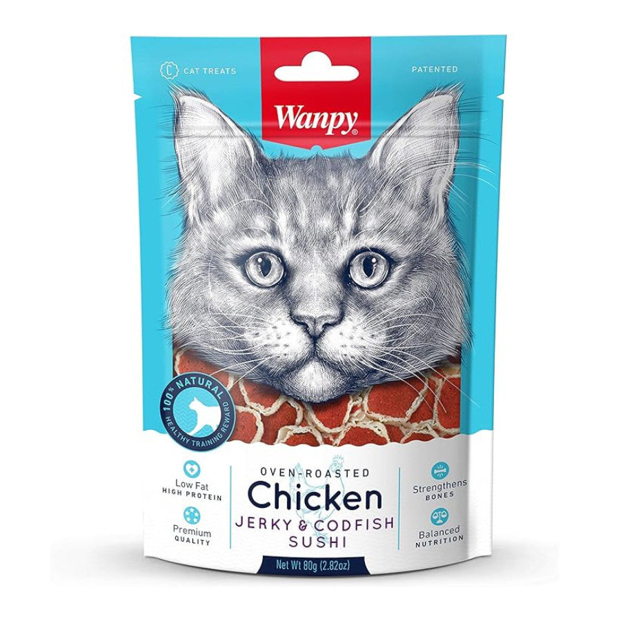 Wanpy - Oven Roasted Cat Treats 80g | Chicken | Duck | Codfish | Sushi | Sandwich | Jerky