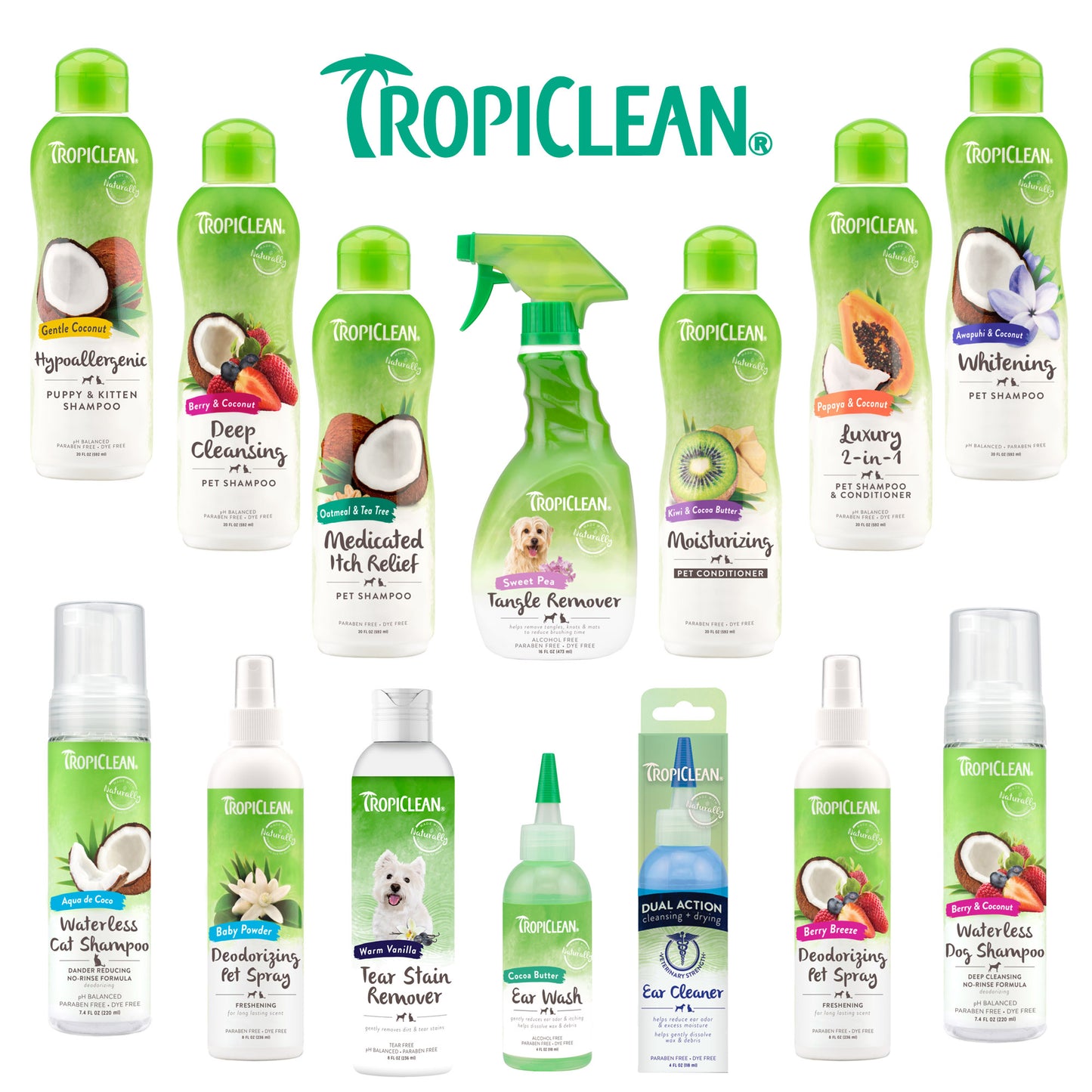 Tropiclean Shampoo Conditioner, Tear Stain Remover Ear Cleaner, Tangle Remover, Waterless No Rinse Chew Deter -Cat & Dog