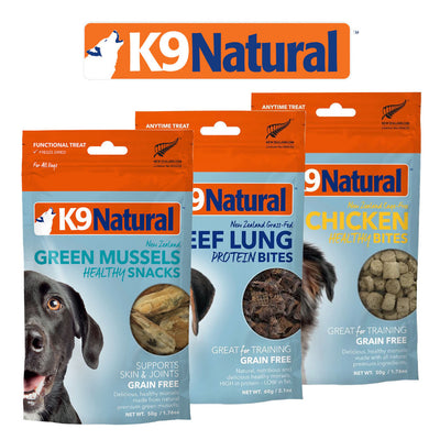 K9 Natural Freezed /Air Dried Treats - Healthy Bites Chicken, Lamb, Beef, Lungs, Green Mussels