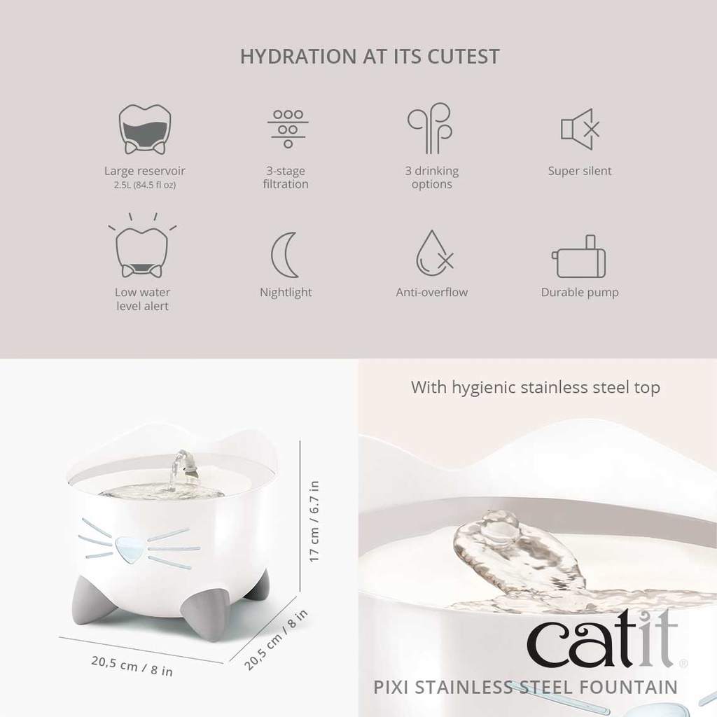 Catit Pixi Fountain White Stainless Steel with LED 2.5L