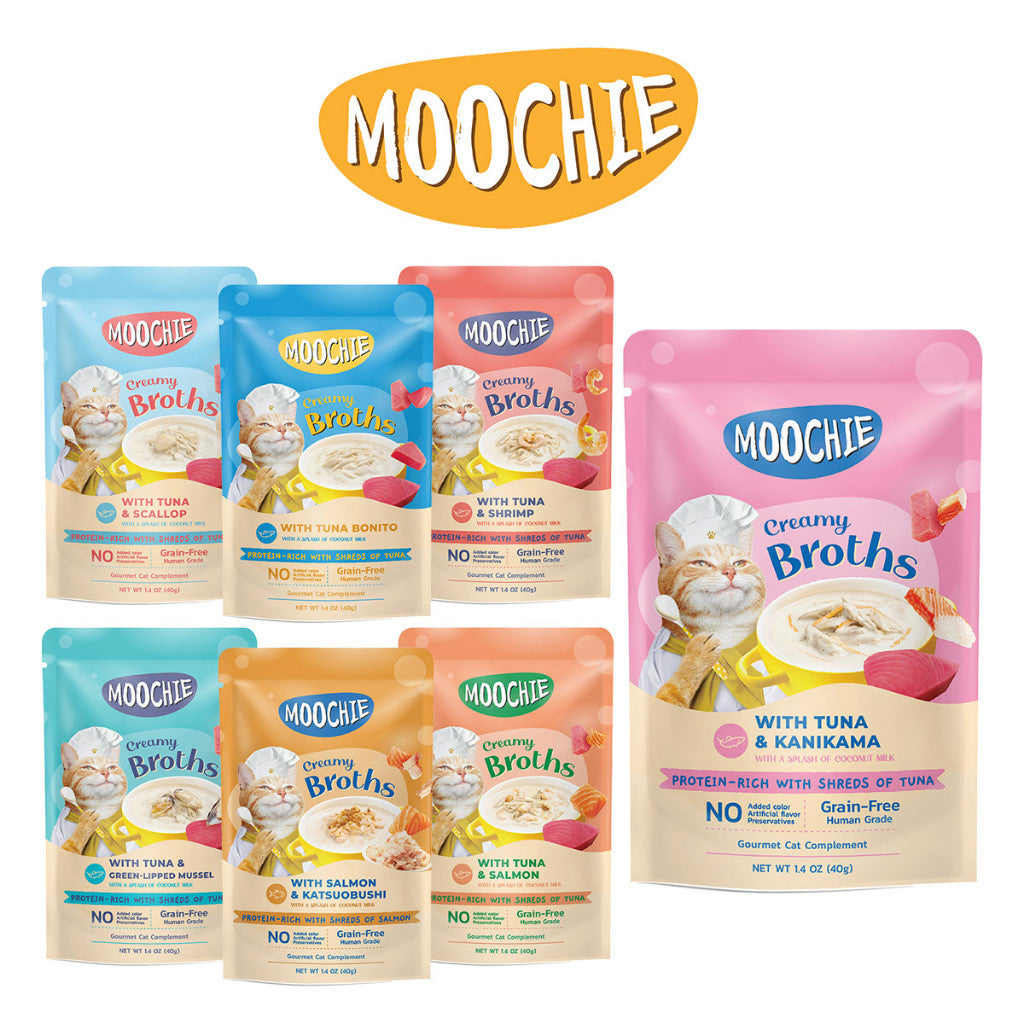 Moochie Cat Creamy Broths 40g - Katsuobushi, Kanikama, Bonito, Salmon, Tuna,