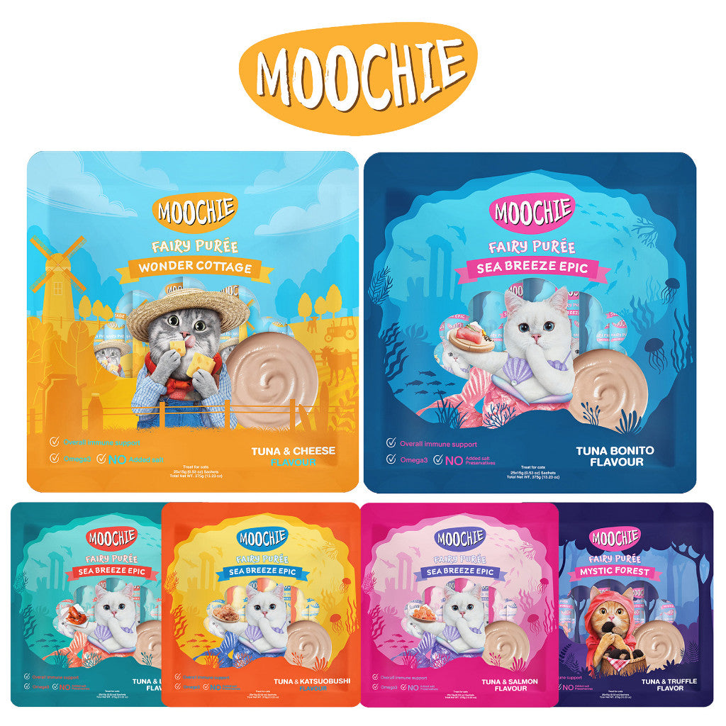 Moochie Cat Fairy Purée Cat Treats 25pcs | Tuna, Bonito, Salmon, Truffle, Goat Milk, Katsuobushi