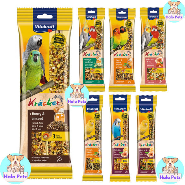 Vitakraft Kracker Bird Treats | Lovebird Honey & Sesame, Apricot & Fig Budgerigar, Almonds, Honey Eucalyptus