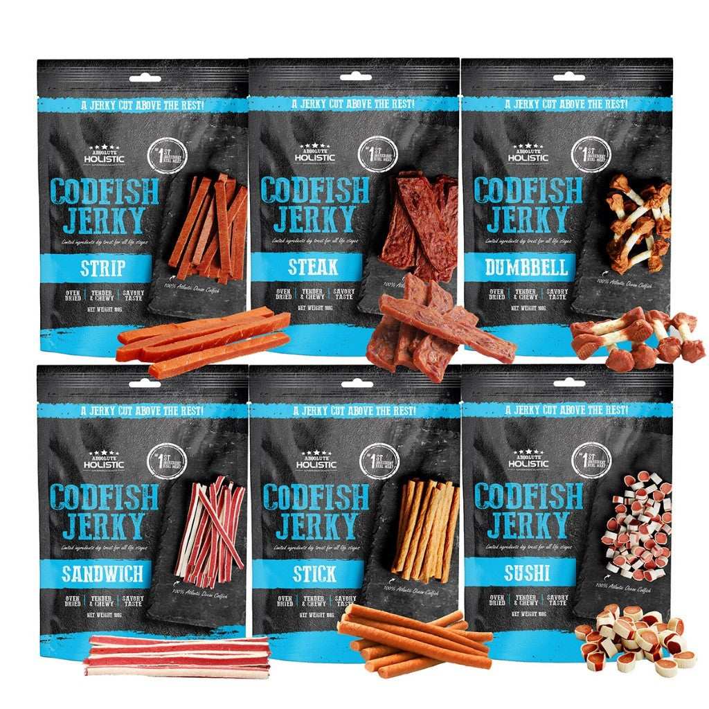 Absolute Holistic Dog Jerky Treats 100g | Salmon & Pork Flavours