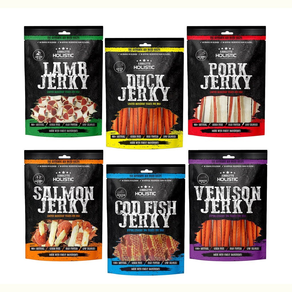 Absolute Holistic Dog Jerky Treats 100g | Salmon & Pork Flavours