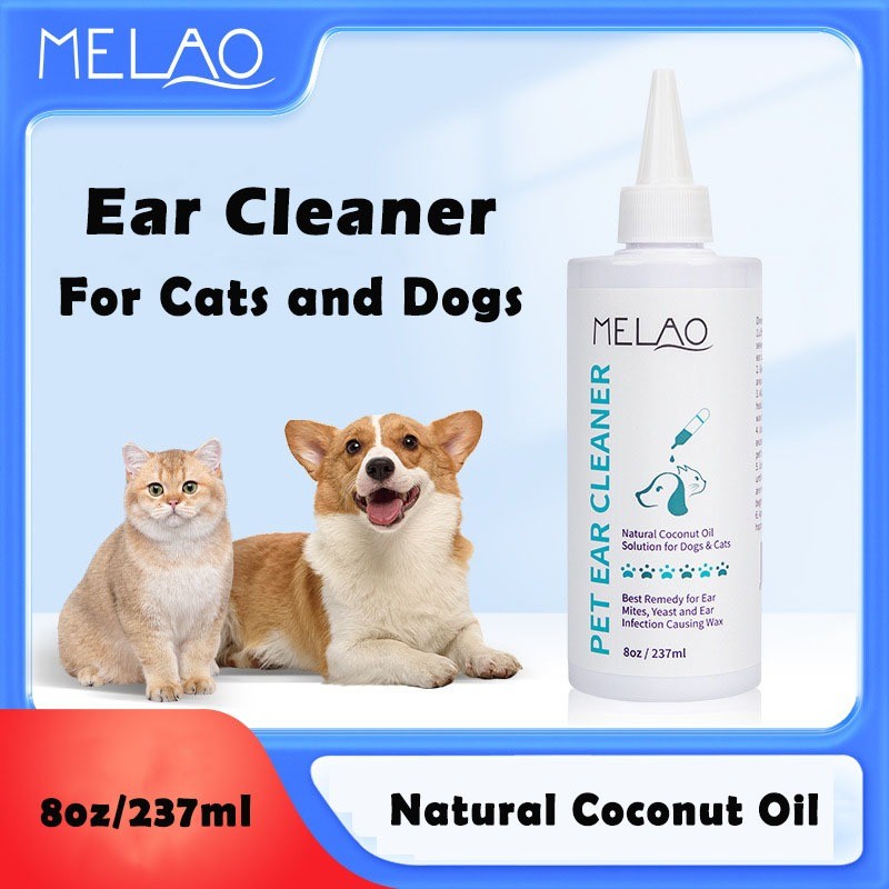Melao Natural Coconut Oil Pet Ear Cleaner Ear Wax Remover Dropper for Cats and Dogs 8oz (237ml)
