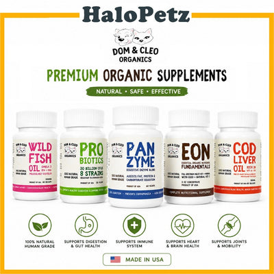 Dom & Cleo Supplement | Wild Fish | Cod Liver Oil | Panzyme | Joint | Probiotics | Dog & Cat | Digestive | Colostrum