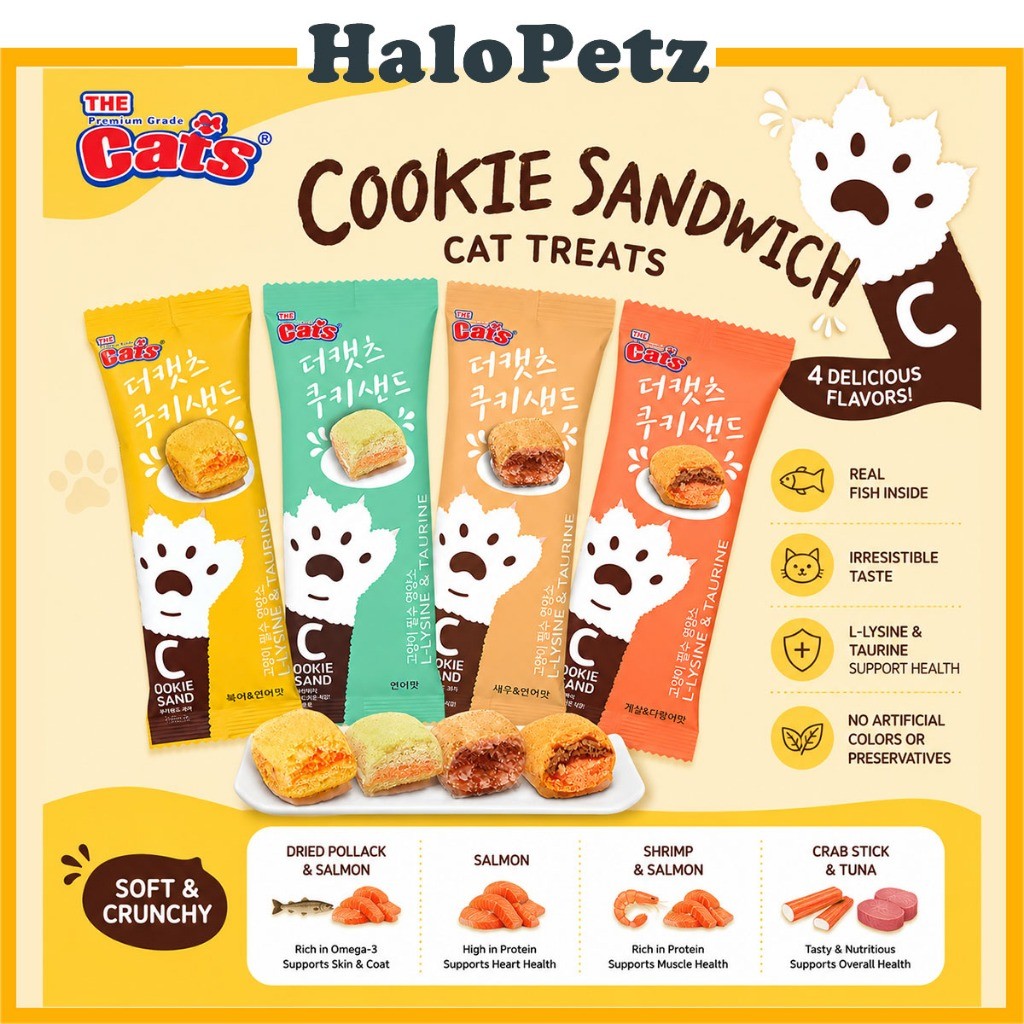 The Cat's Cookie Sand Cat Treats 20g | L-Lysine & Taurine | Salmon | Pollock | Shrimp | Crab