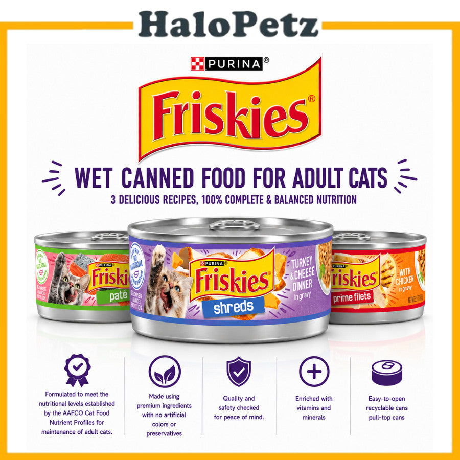 Purina Friskies Wet Canned Food for Adult Cats 156g - Pate Salmon | Prime Filets Chicken | Shreds Turkey & Cheese