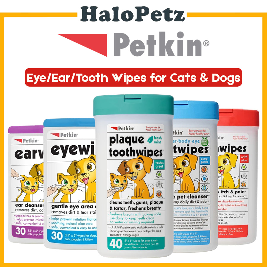 PETKIN Plaque Tooth Wipes, Ear Wipes & Eye Wipes for Dogs & Cats | Daily Grooming Wipes
